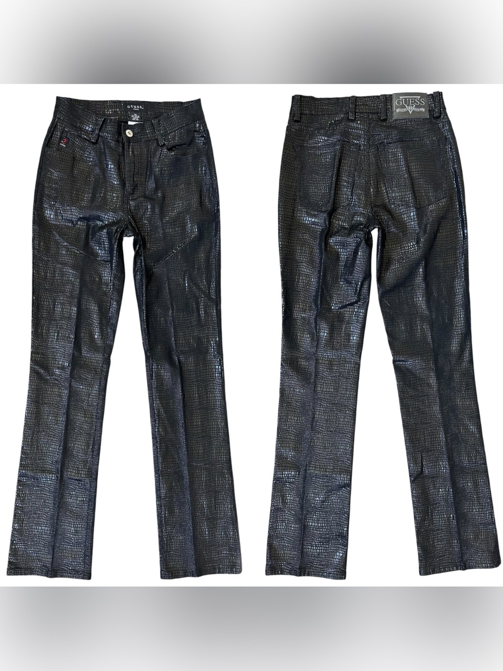 Vintage 90s Y2K Guess Black Faux Leather Reptile Skin Straight Leg Jeans Size 24